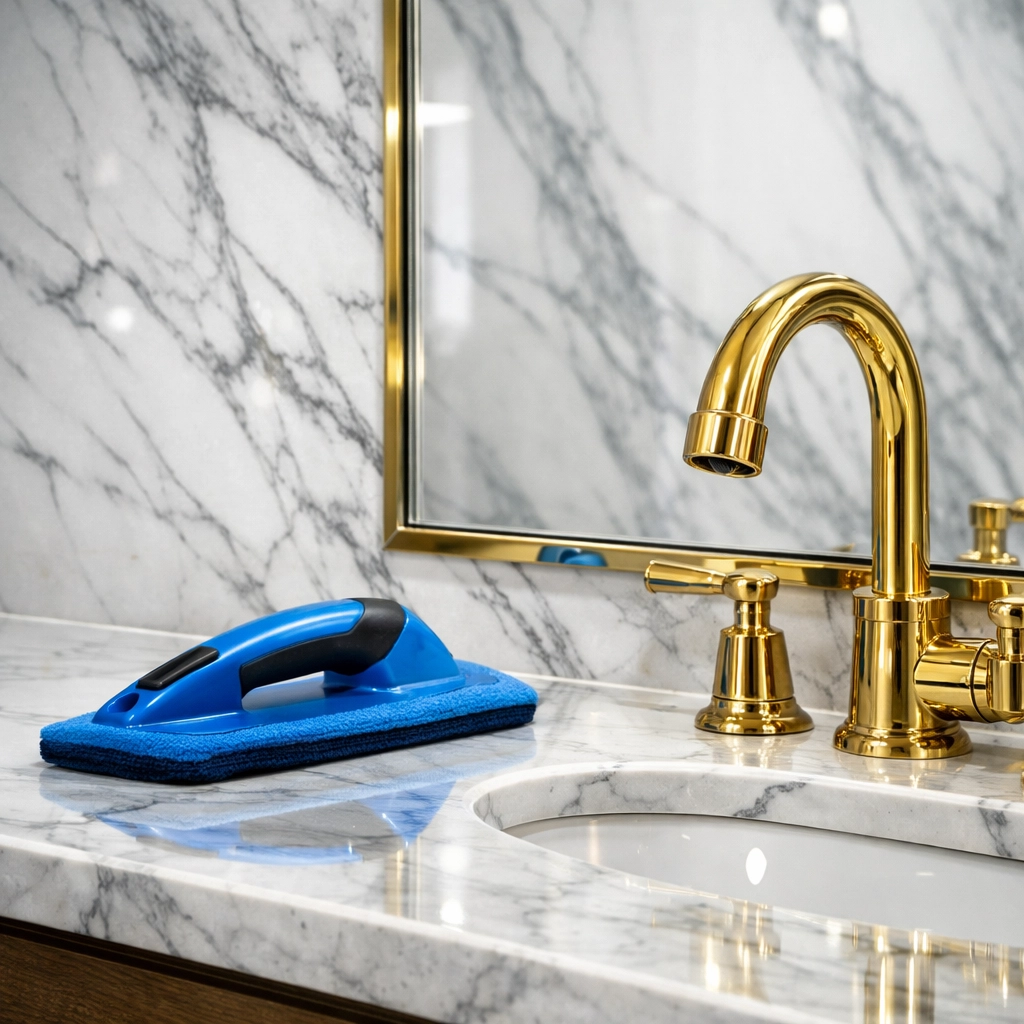 Sparkling marble bathroom with polished gold fixtures after deep residential cleaning Massachusetts in a Dover home.