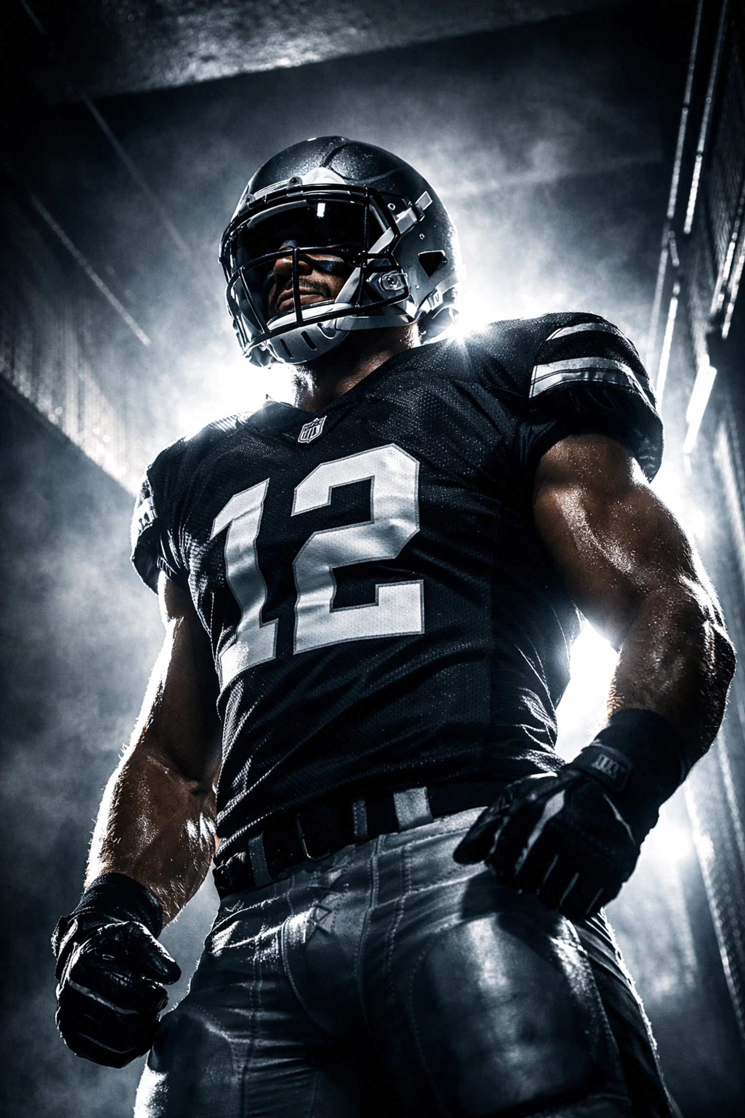 Professional football player in a stadium tunnel, representing high-performance NIL athlete branding.