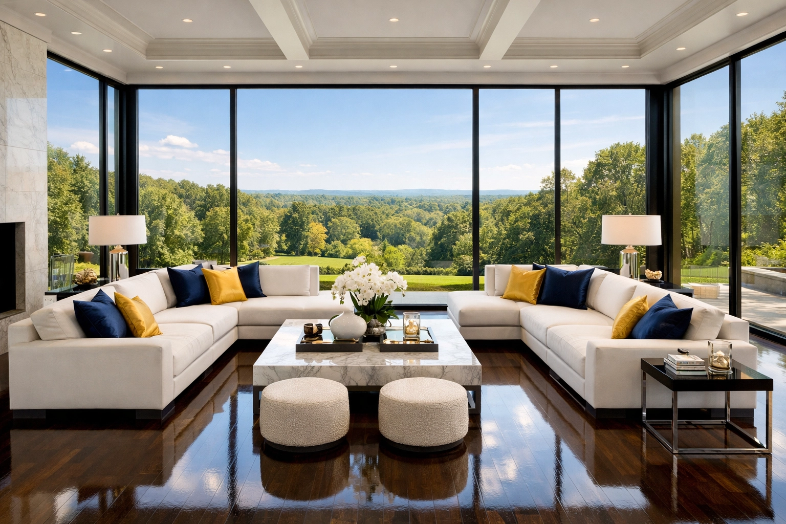 A pristine luxury estate living room in Dover highlighting high-end residential cleaning Massachusetts.