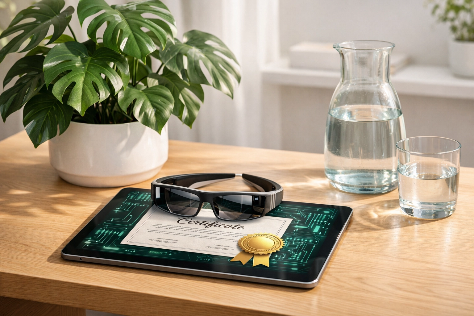 Digital sustainability certification and AR glasses on a modern desk for green tech career training.