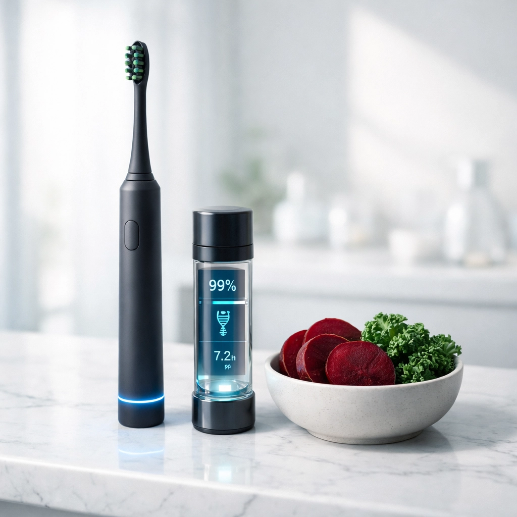 Modern oral care setup with an electric toothbrush and nitrate-rich vegetables for heart-healthy living.
