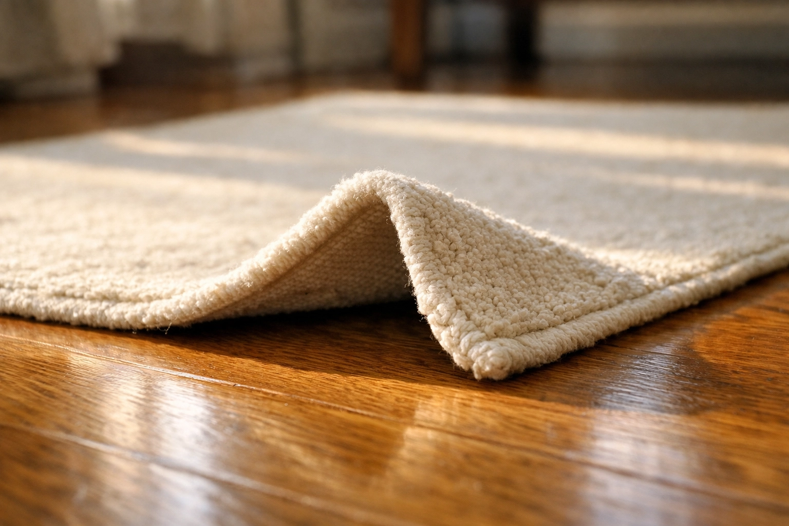Bunched up area rug on hardwood floor creating a common tripping hazard
