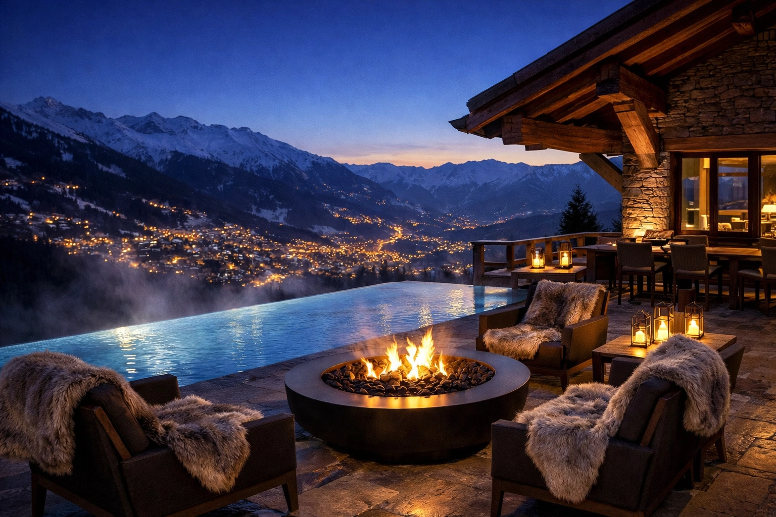 Terrasse de luxe avec piscine à débordement et vue nocturne sur la station de Verbier.