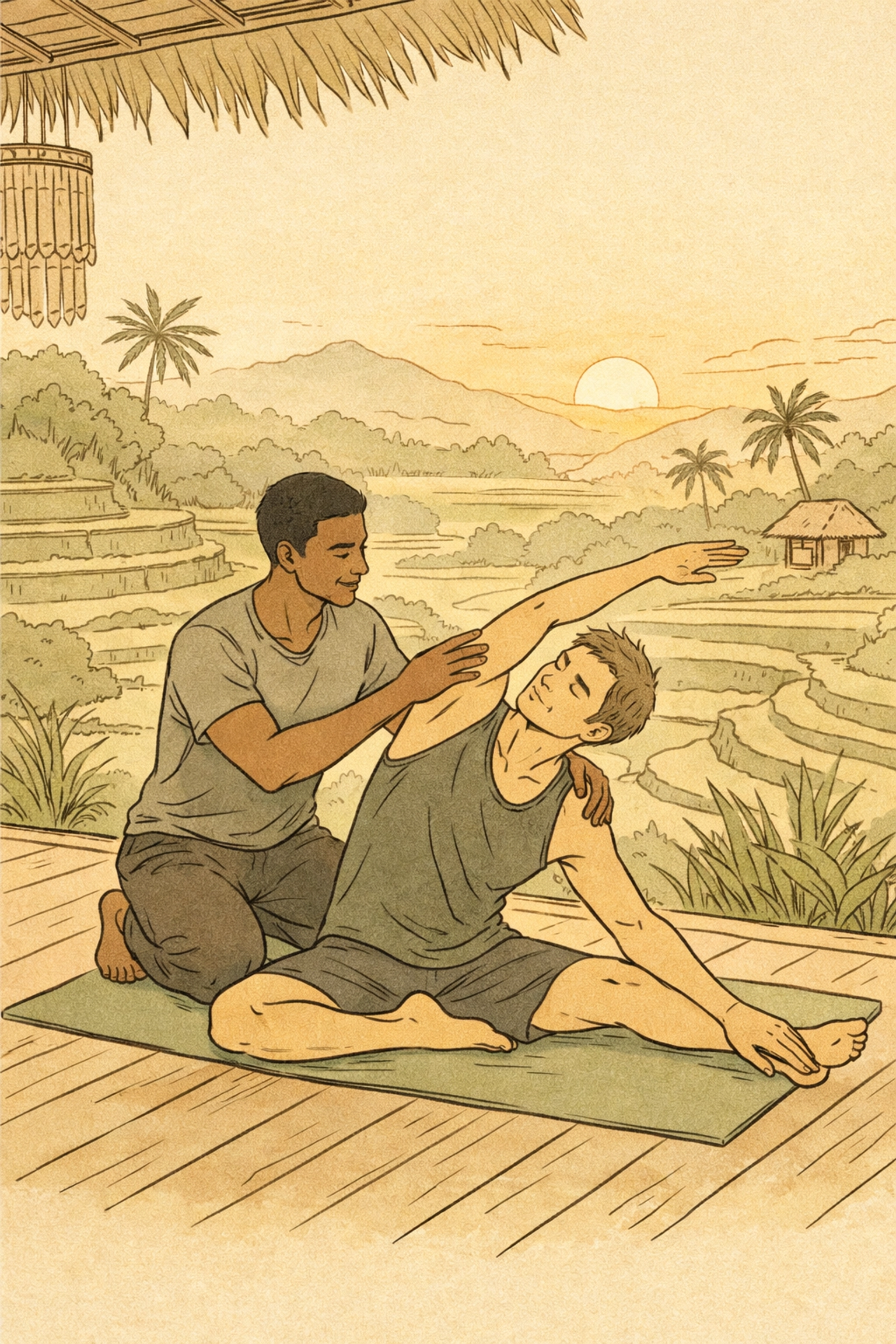 Gay couple practicing yoga in Bali rice terraces during spiritual healing retreat