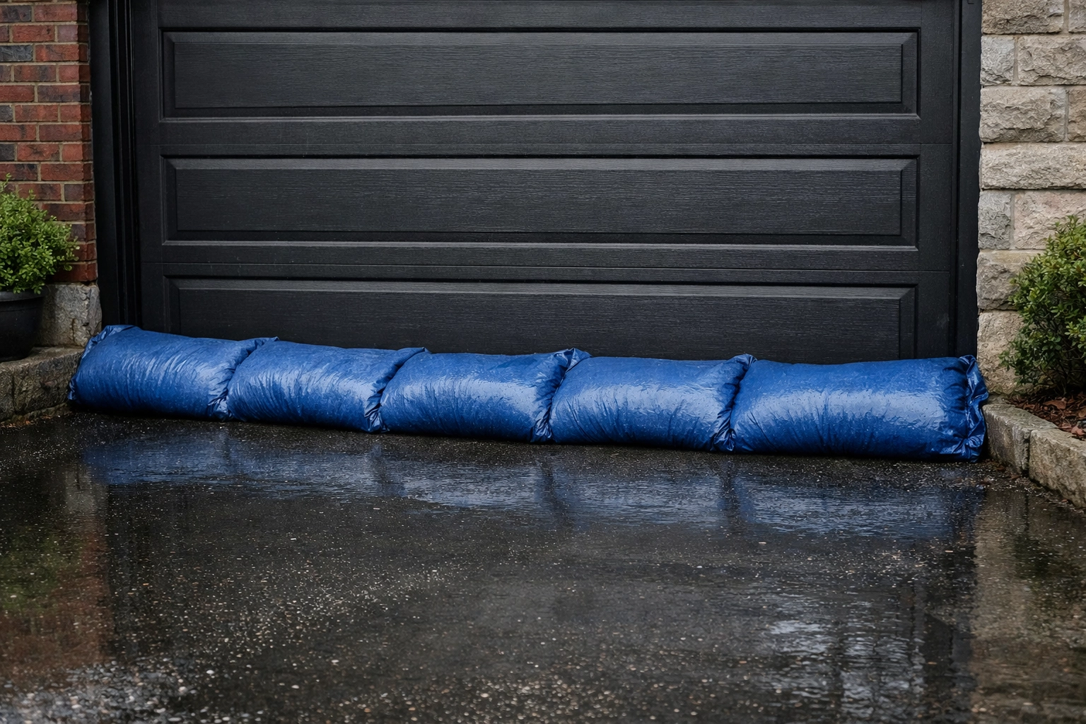 Water-activated flood barriers protecting a Montreal garage from spring flash floods.