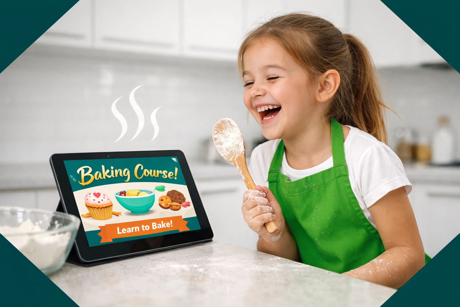 A girl learning to bake via a tablet, demonstrating productive screen time and life skills training.
