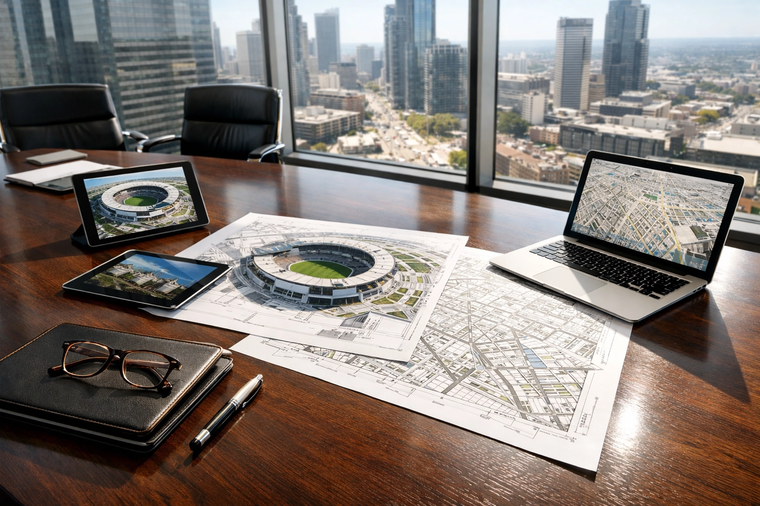 Executive boardroom with stadium blueprints and city maps for Super Bowl event planning.