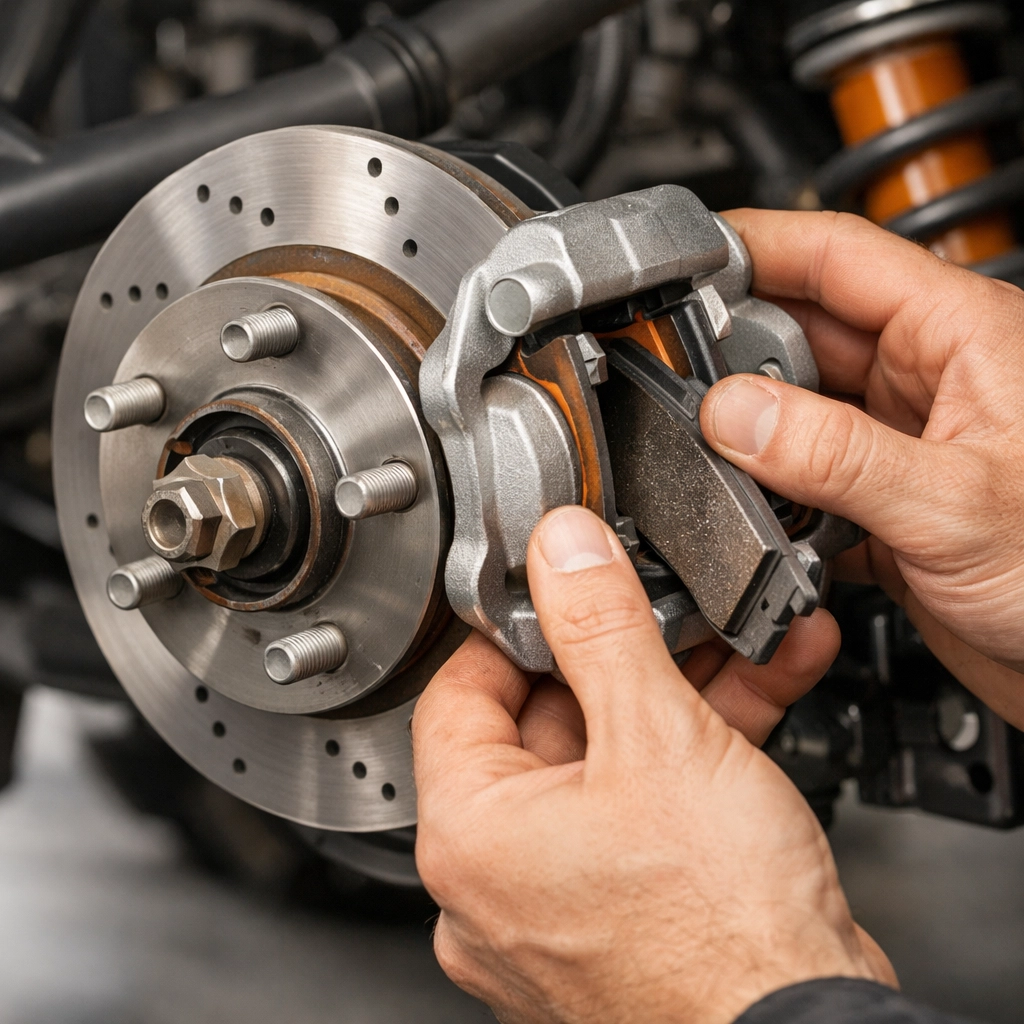 Professional mechanic inspecting UTV brake system components during repair service