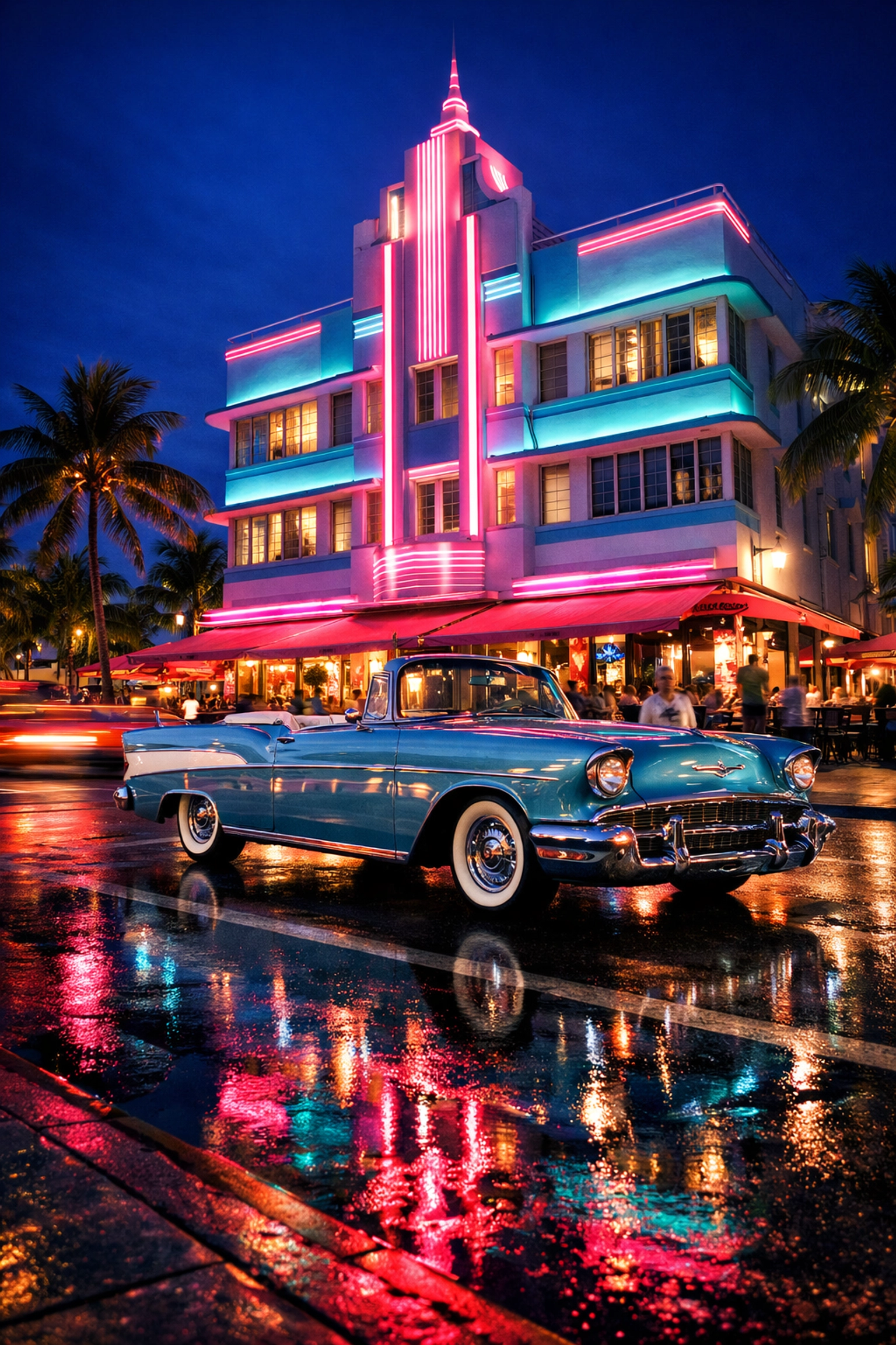 Art Deco hotel on Ocean Drive with neon lights and a vintage car, a top Miami photography spot.