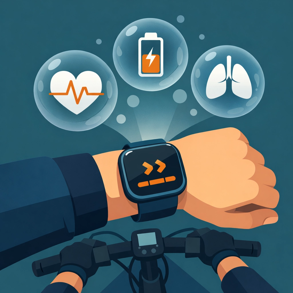 Smartwatch on a cyclist's wrist tracking heart rate and recovery data for structured training.