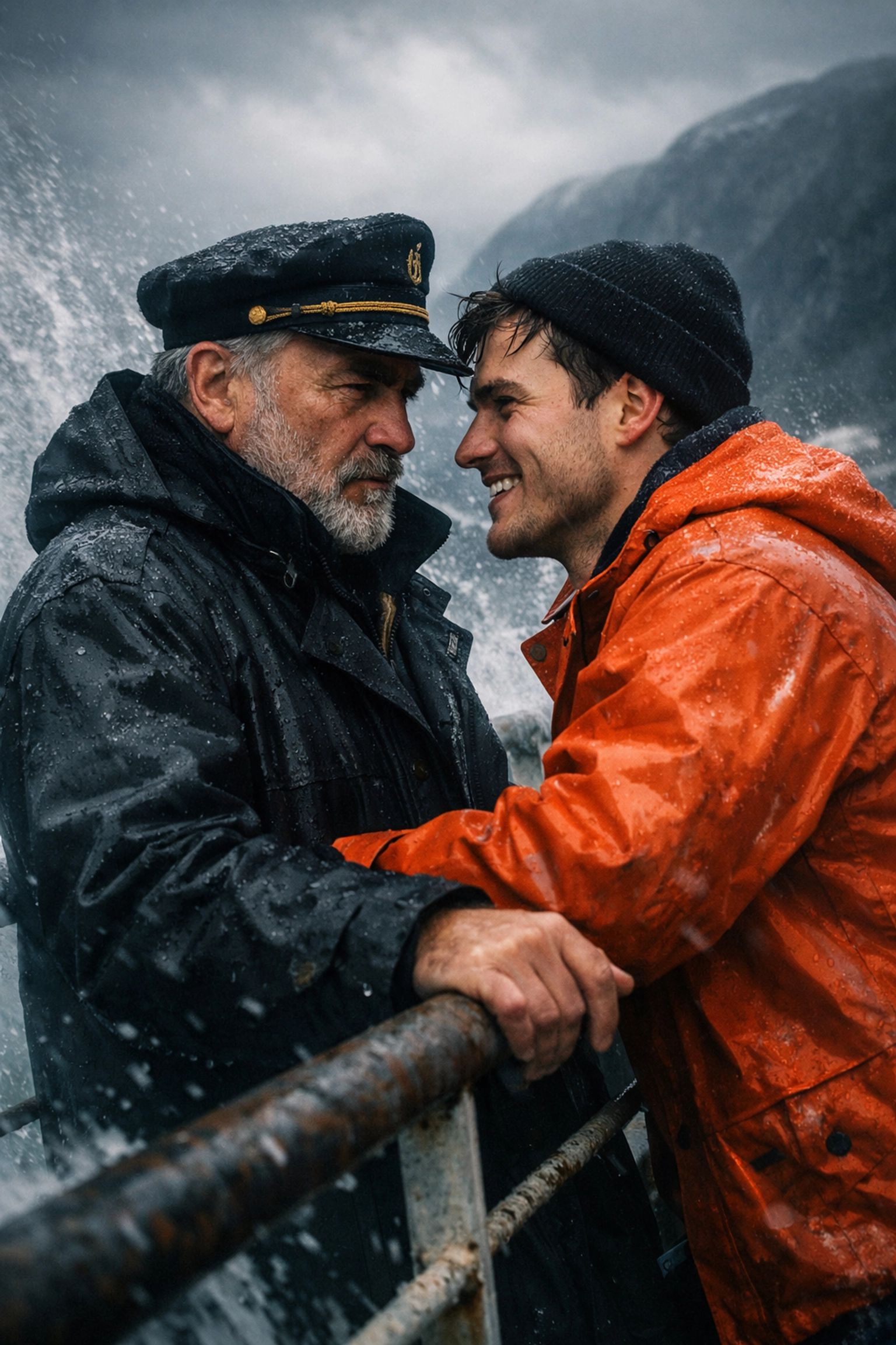 Modern gay romance scene between a captain and crewman on a ship deck in the North Sea.