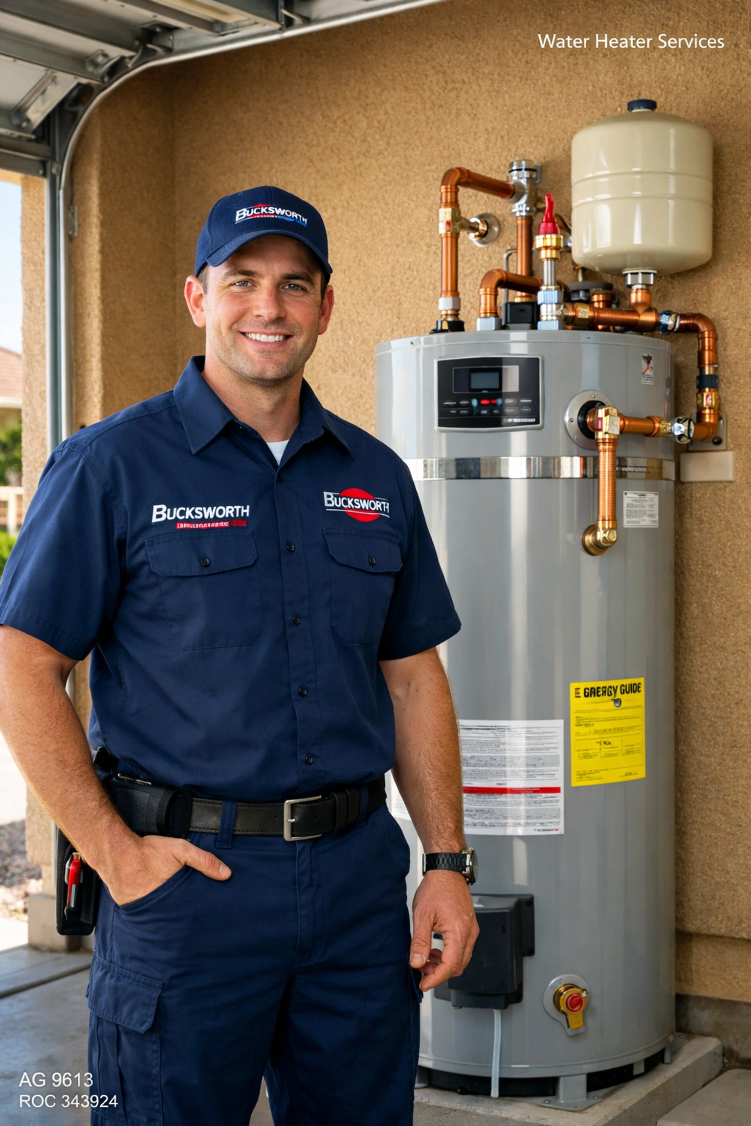 Bucksworth technician providing expert water heater services in Casa Grande AZ for a residential home.