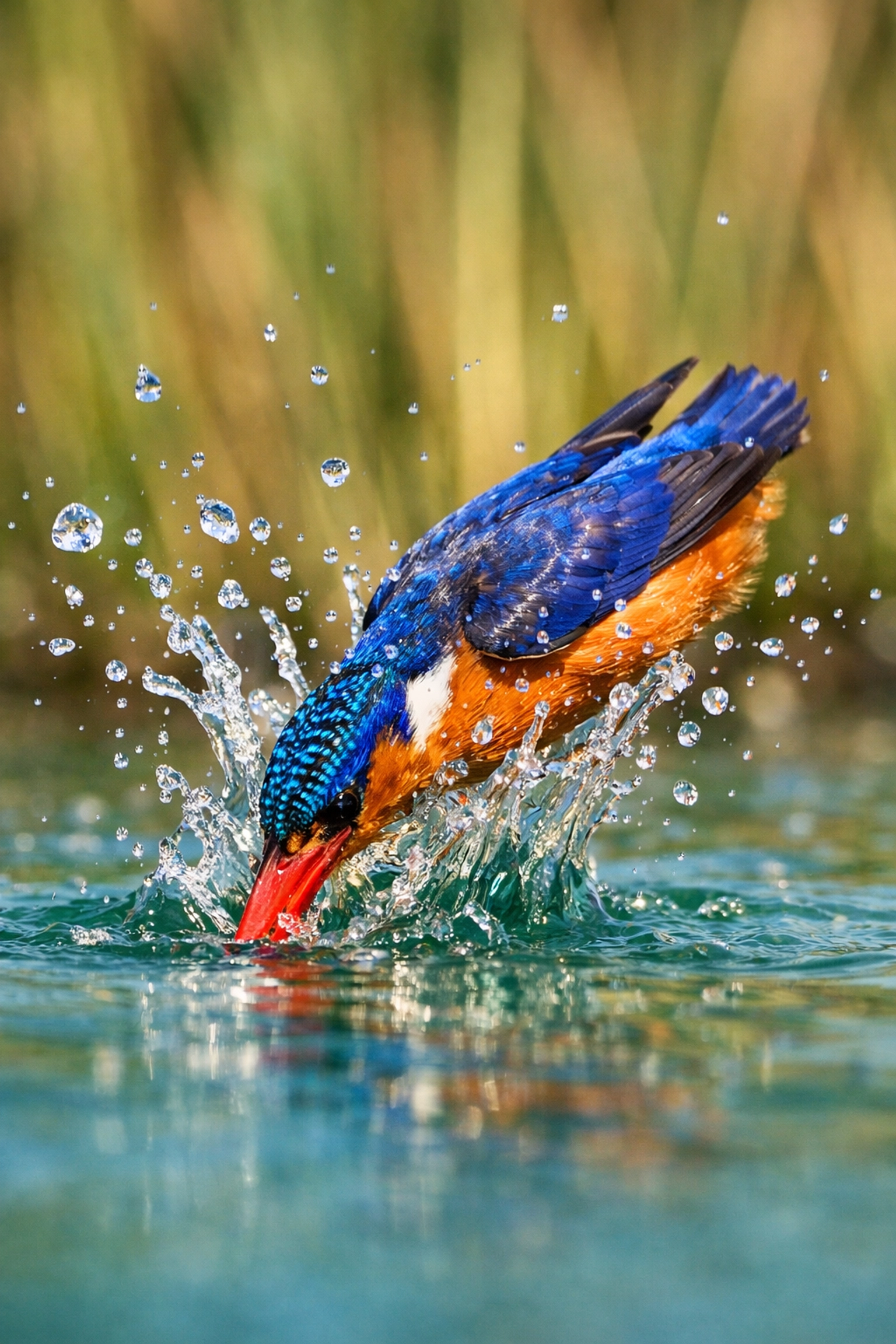 Action shot of a kingfisher bird diving into water demonstrating high shutter speed photography.