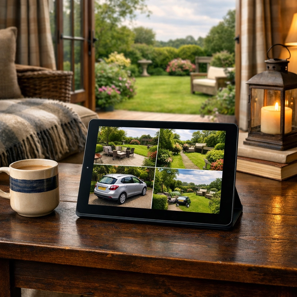 Remote home security monitoring on a tablet showing crystal-clear CCTV camera feeds of a UK garden and driveway.