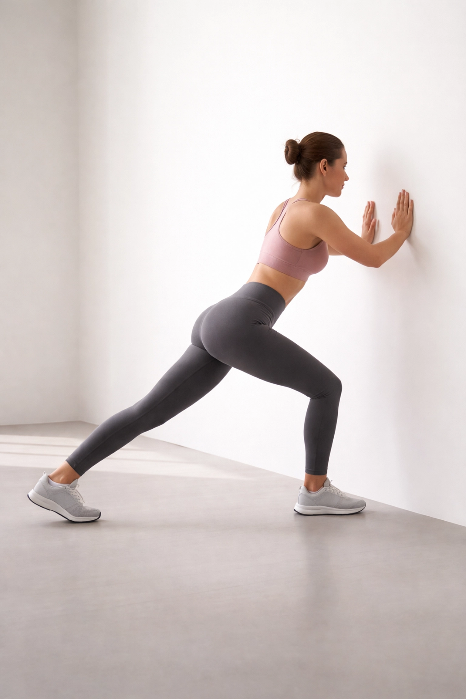 Person performing a wall calf stretch to improve ankle mobility for runners on a clean white background