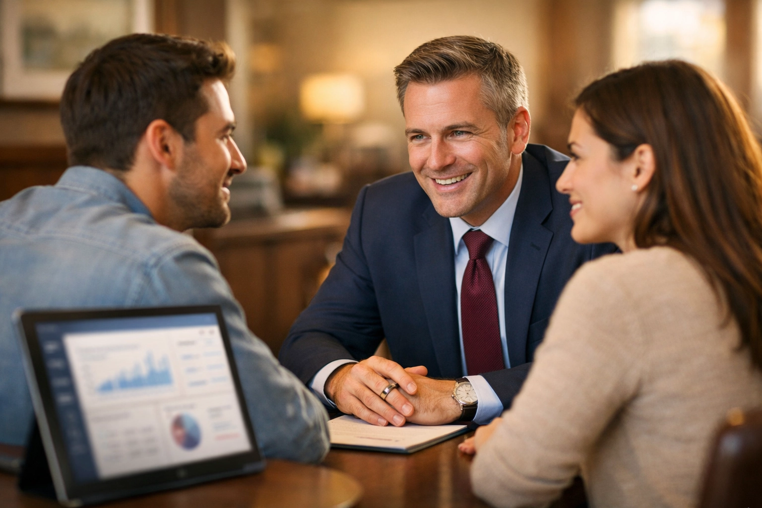 Bank consultant building trust with clients while AI supports operations in the background.