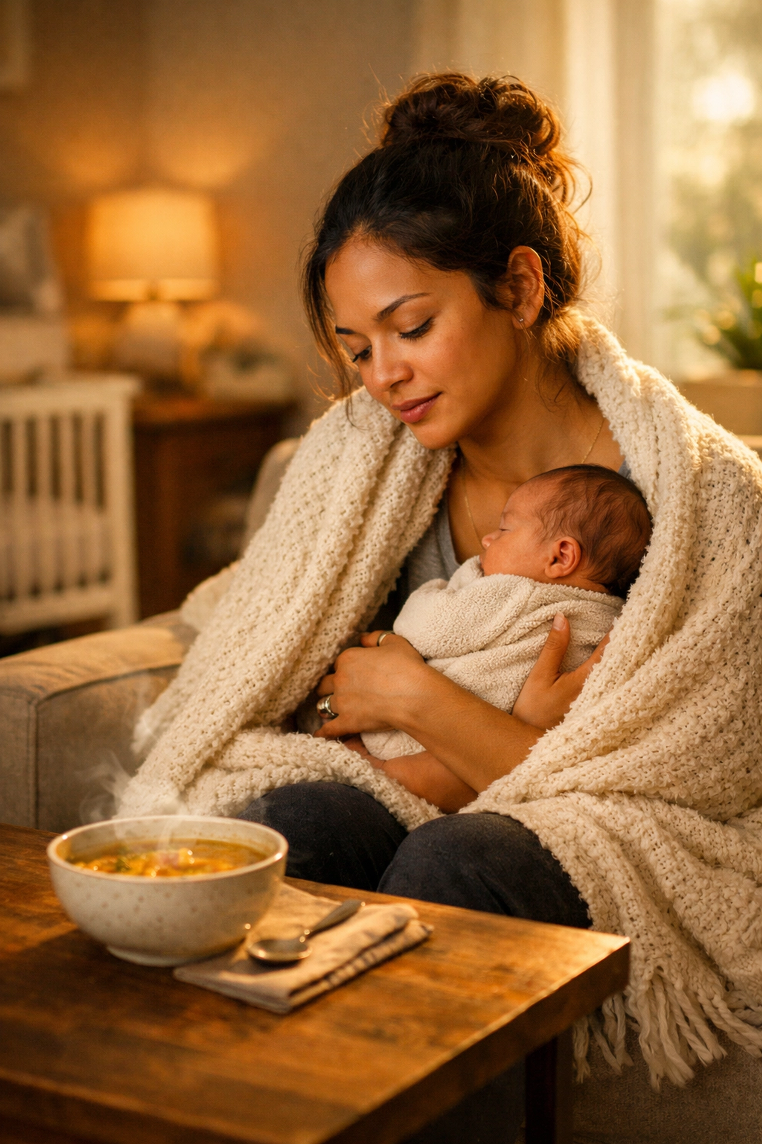 A new mother in Atlanta resting with her baby while enjoying a warm, nourishing postpartum recovery meal.