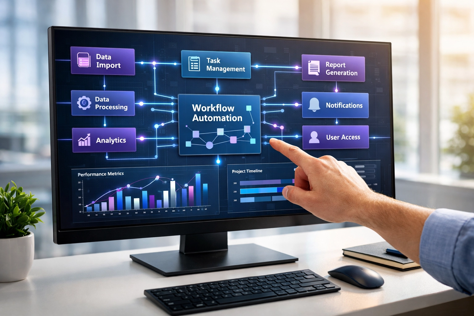 ServiceNow ITOM dashboard showing interconnected modules and workflow automation