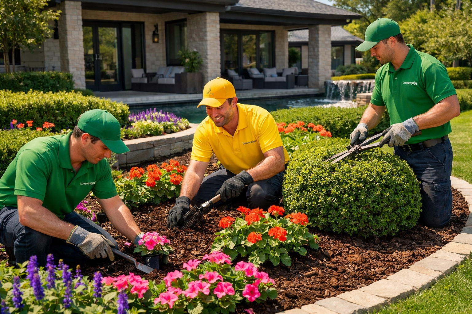Landscaping team in branded embroidered polos working at upscale residential property