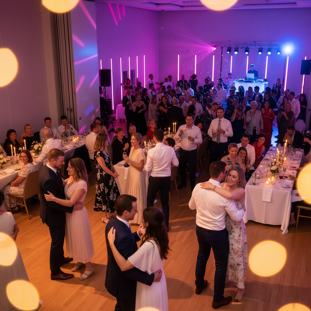 Couples dance in a warmly lit reception hall with pink uplighting. Guests seated at candlelit tables watch, while a DJ plays music. Joyful mood.