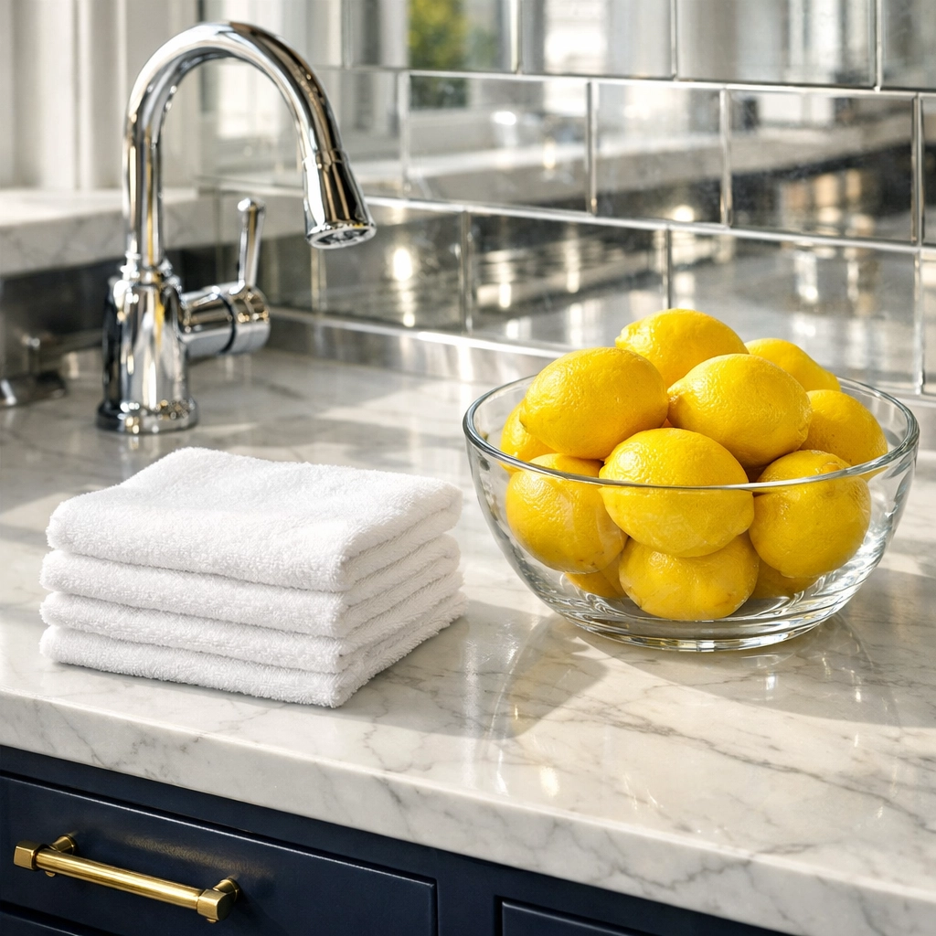 Deep house cleaning in a luxury Shrewsbury kitchen with sparkling white marble countertops and cleaning supplies.