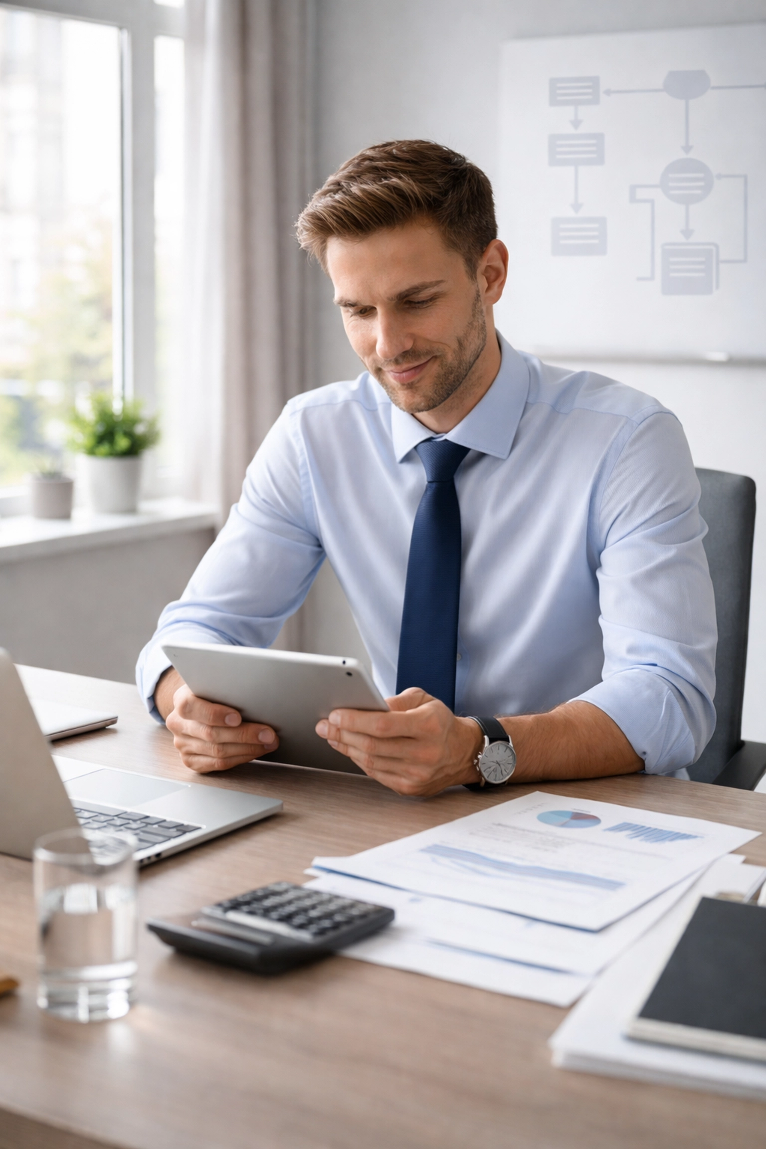 Solo financial advisor at a modern desk reviewing a tablet, illustrating increased capacity from outsourcing paraplanning.