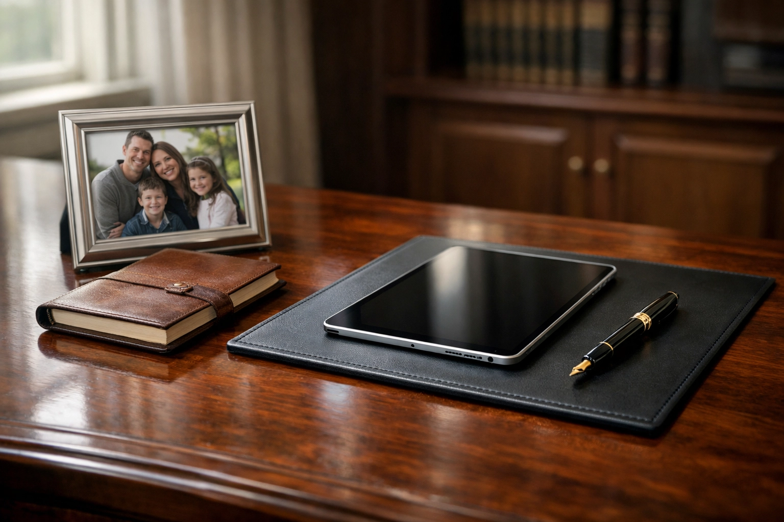 Executive desk with a family photo and digital tablet symbolizing succession planning and business exit options.