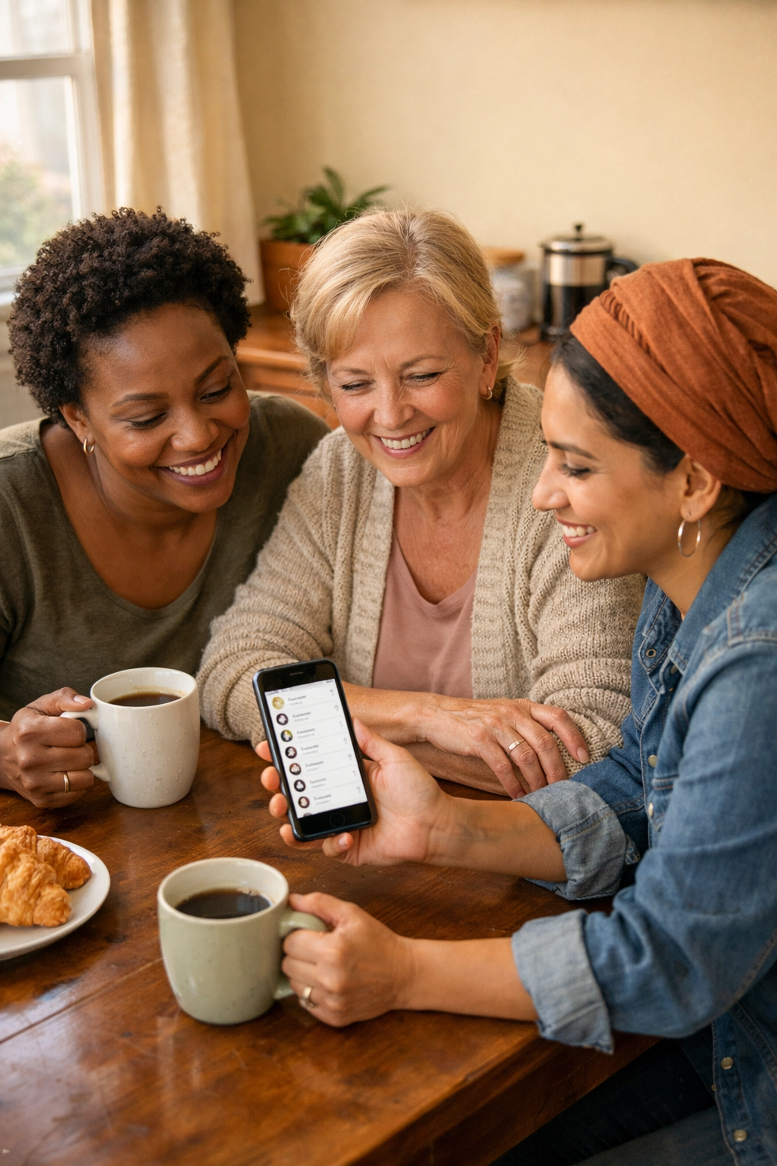 Three women at kitchen table discussing emergency contacts and building support network