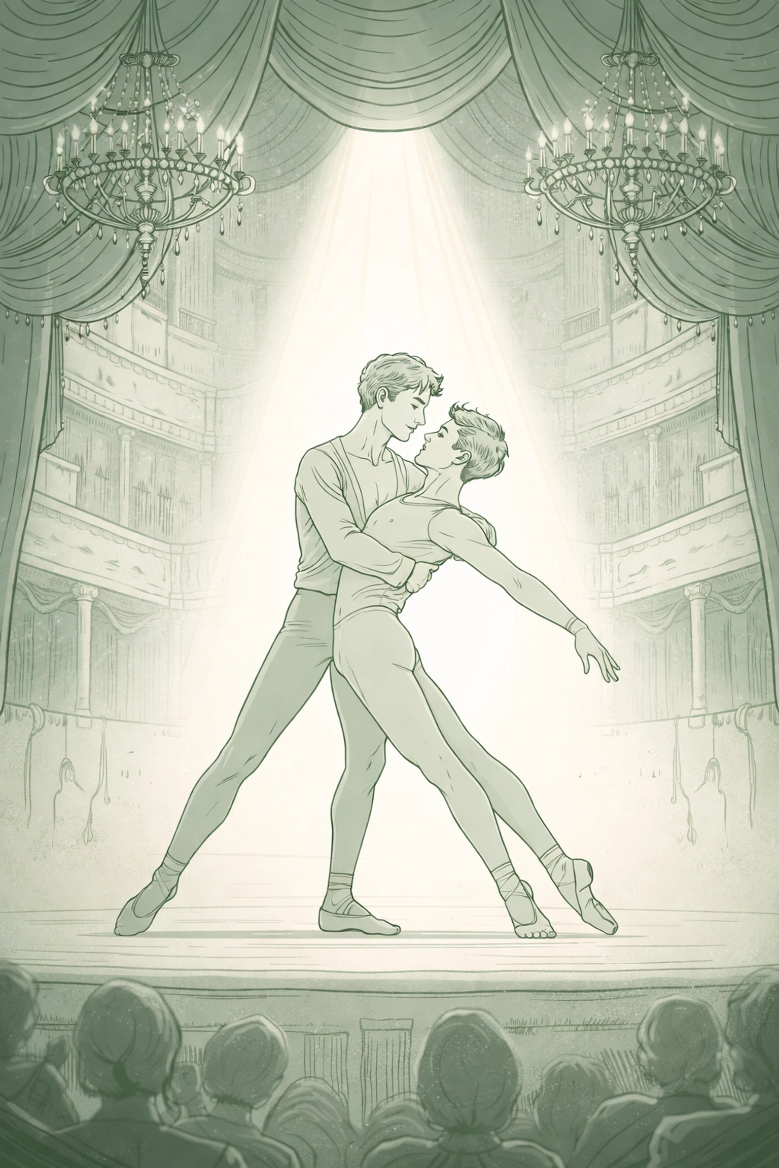 Two male ballet dancers share an intimate pas de deux under a spotlight in the Teatro Colón opera house.