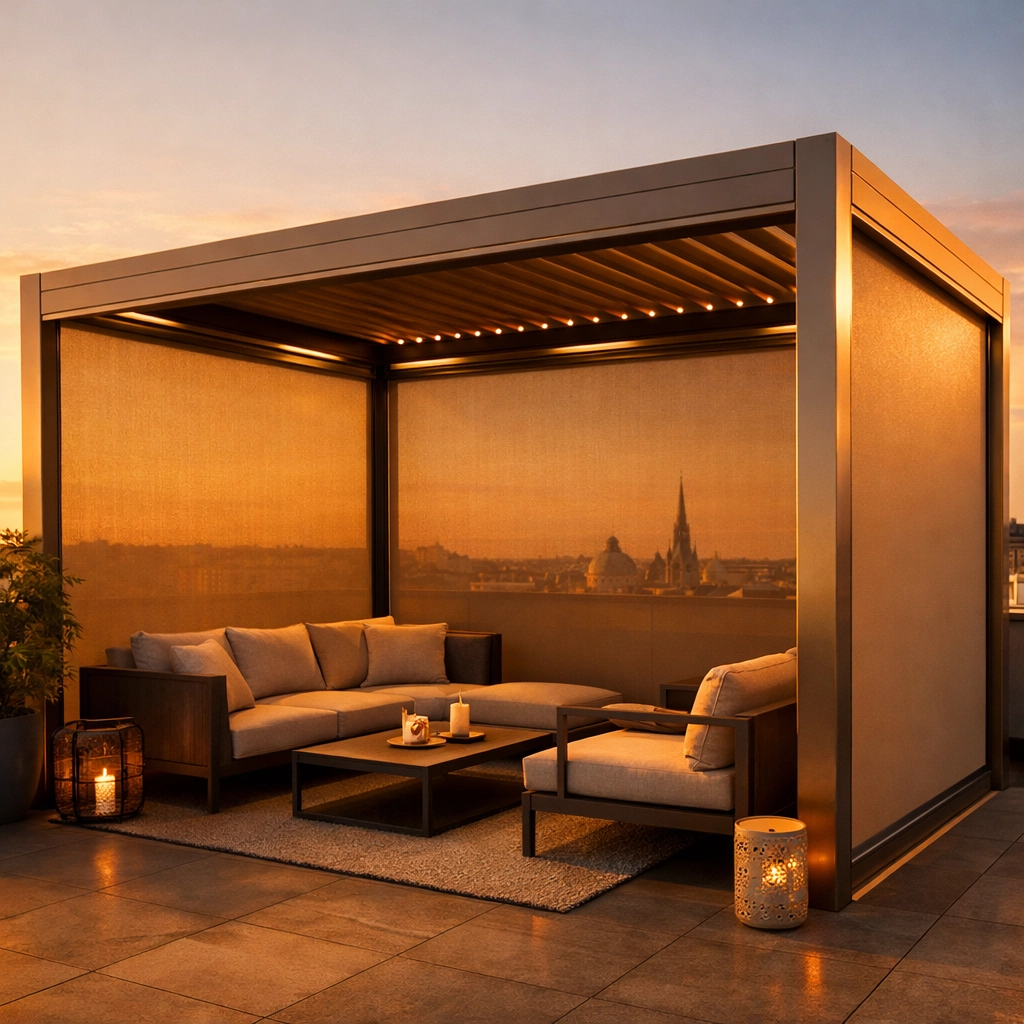 Windstabile Pergola mit Zip Screens auf einer Wiener Dachterrasse statt klassischer Markise Wien.