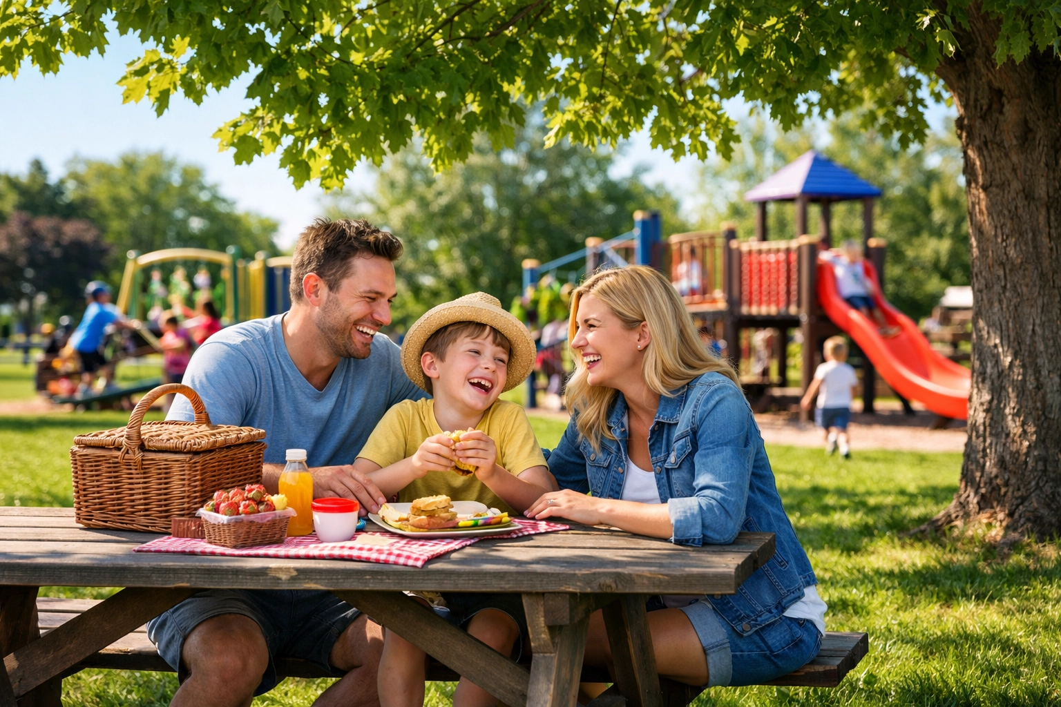 A family enjoying a local community park in the City of Southport near Indianapolis real estate.