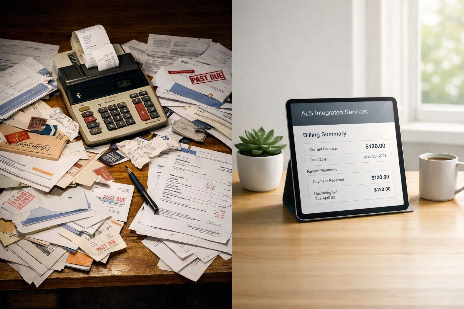 Comparison of cluttered paper billing process versus organized digital billing workspace