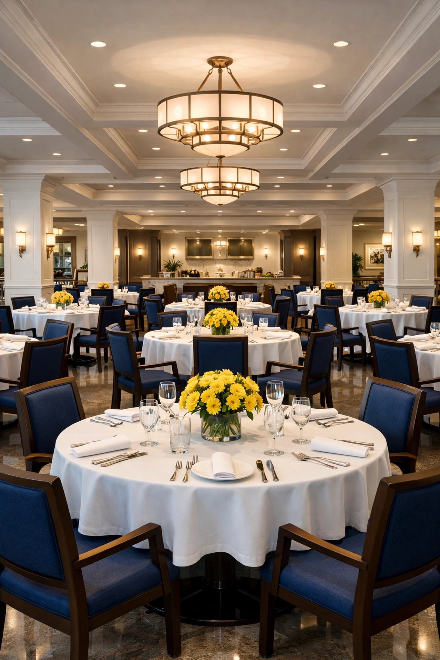 Spotless senior living dining hall in Methuen with polished floors and sanitized tables for residents.