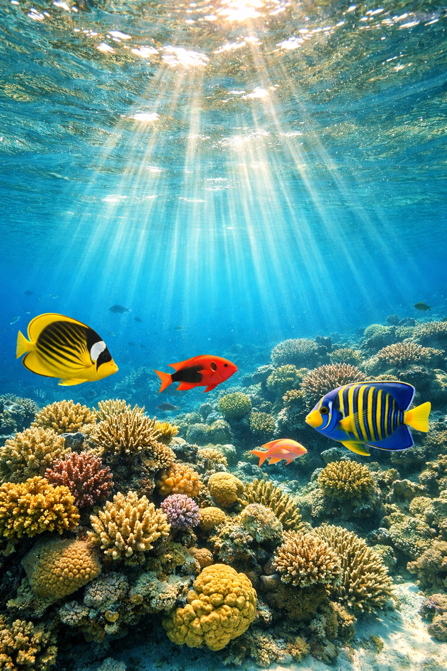 Underwater view of sun-drenched coral reefs and tropical fish in the Red Sea.