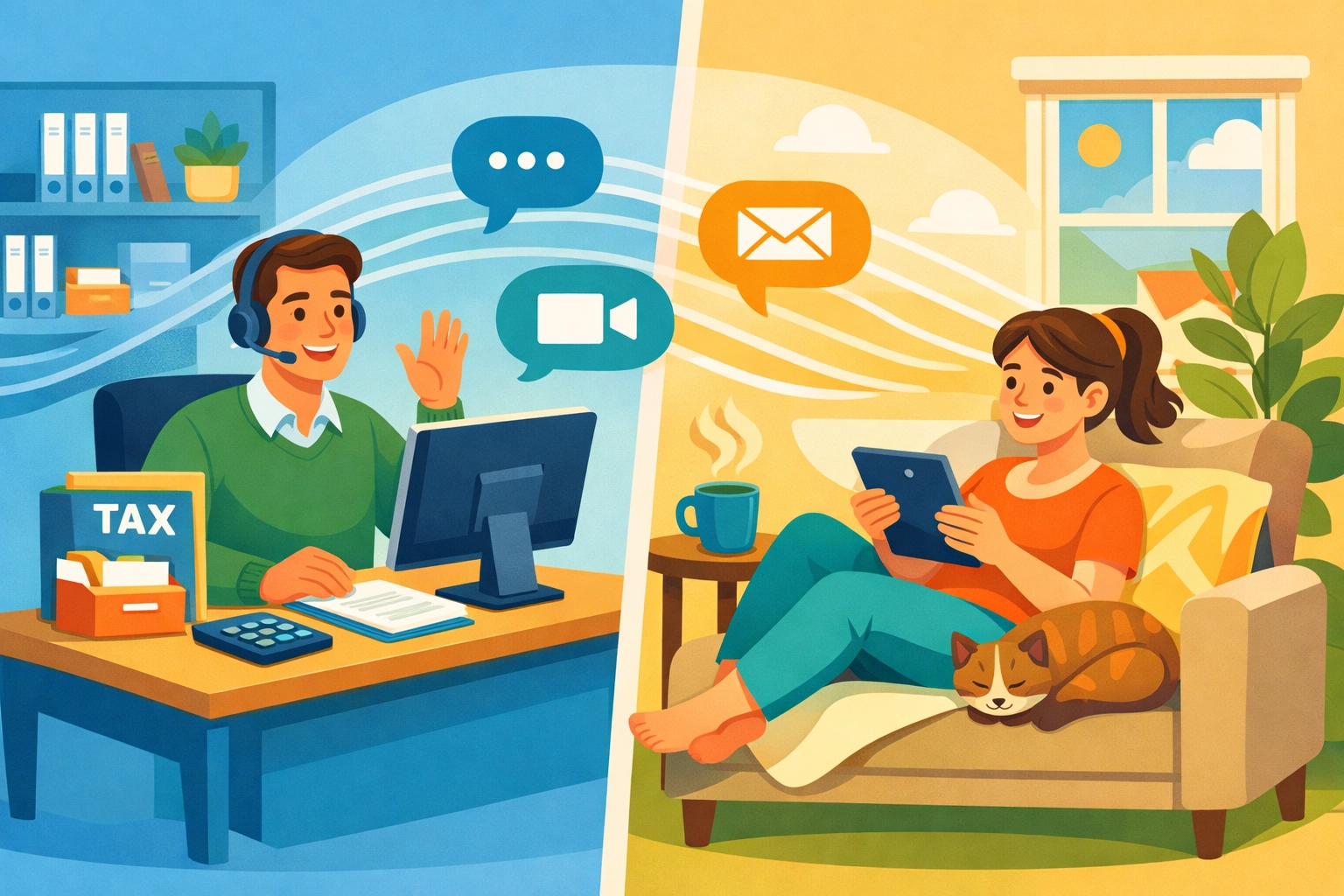 Concierge tax pro connected virtually with client through video chat and digital communication