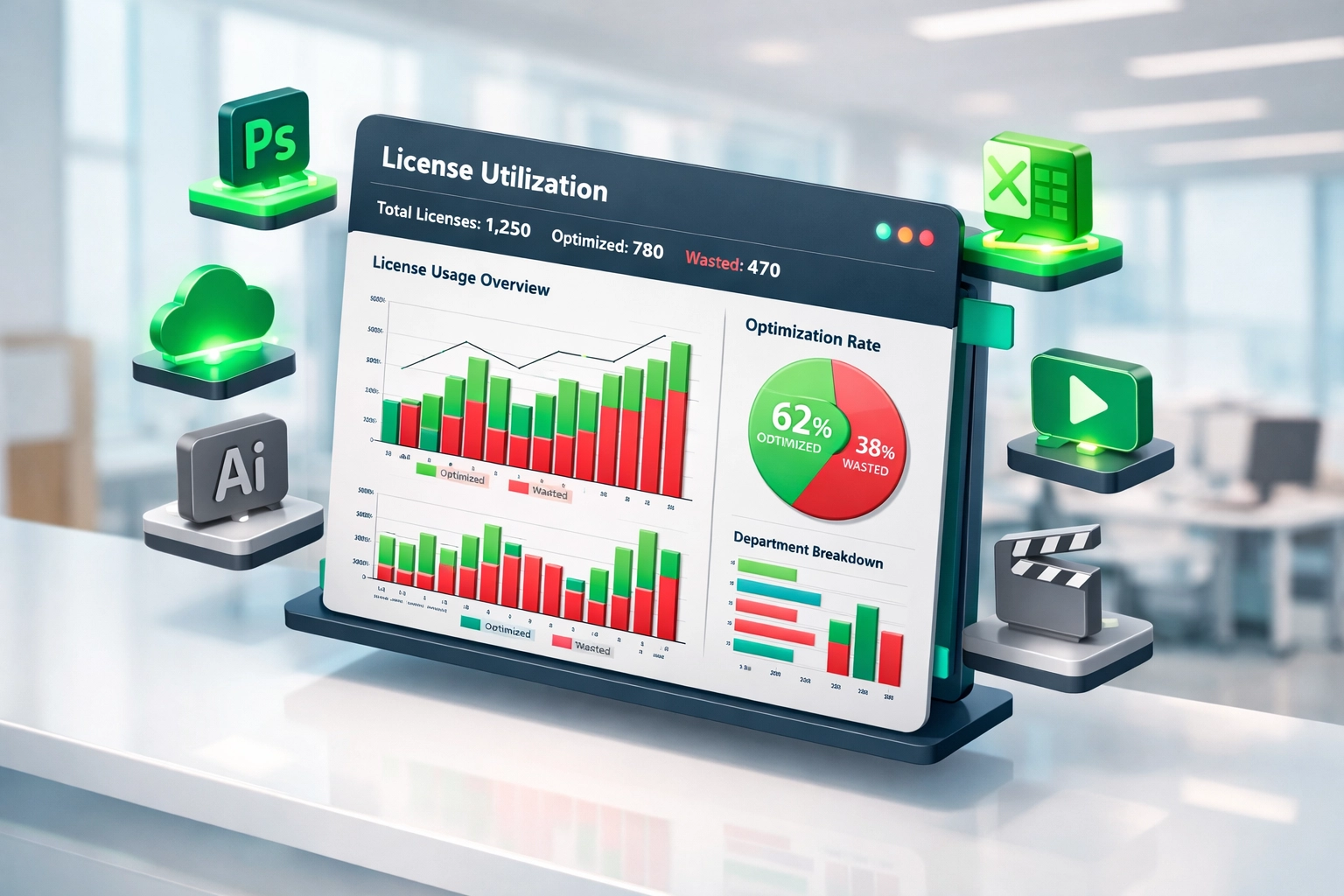 ITAM license optimization dashboard showing active and unused software licenses