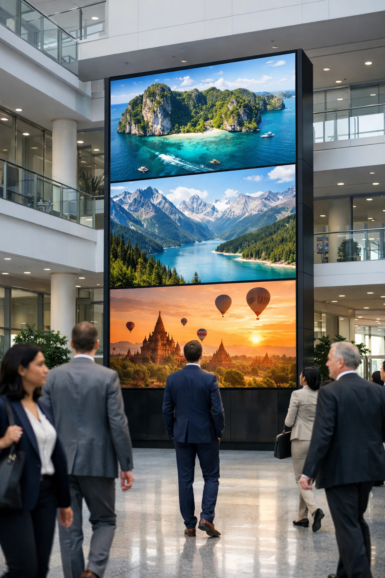 Modern corporate atrium featuring high-definition digital signage for optimized media asset management.