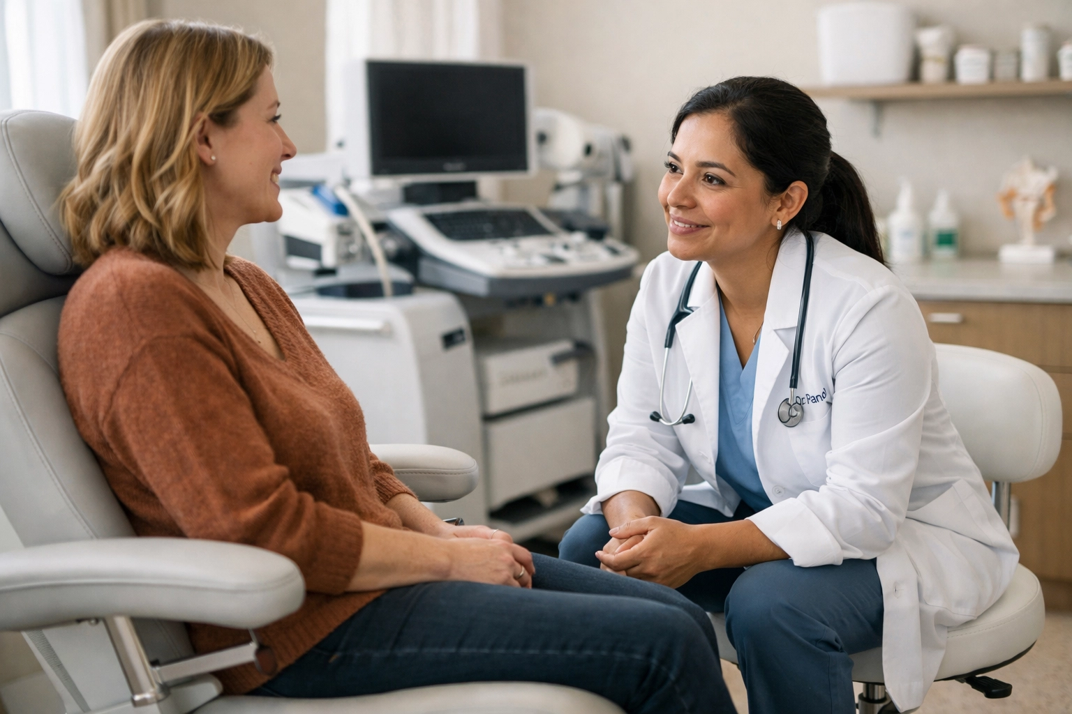 Dr. Panol providing a supportive TMJ consultation to a patient in her modern Melbourne facial pain clinic.