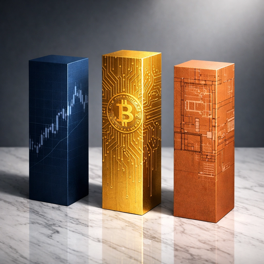 Three pillars representing equities, digital assets, and real estate in 40/30/30 investment framework