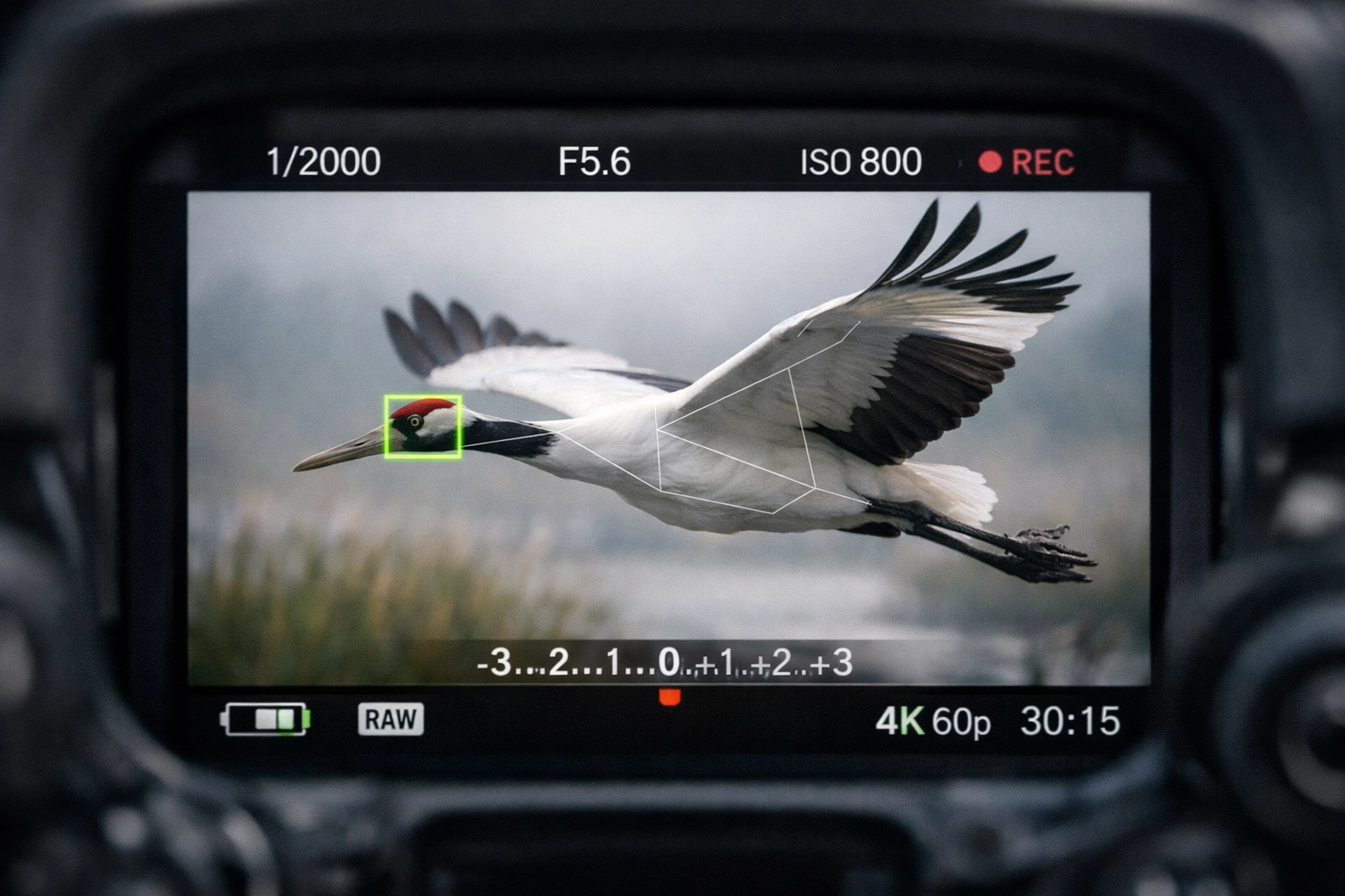Viewfinder view of a mirrorless camera using AI-powered features to track a flying bird's eye.