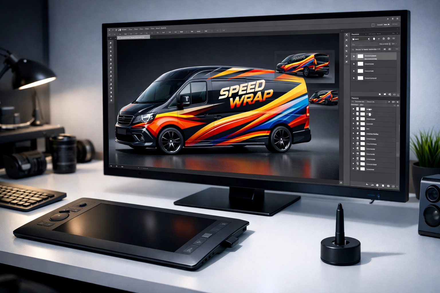 Graphic designer creating a custom vehicle wrap mockup on a computer monitor for brand consistency.