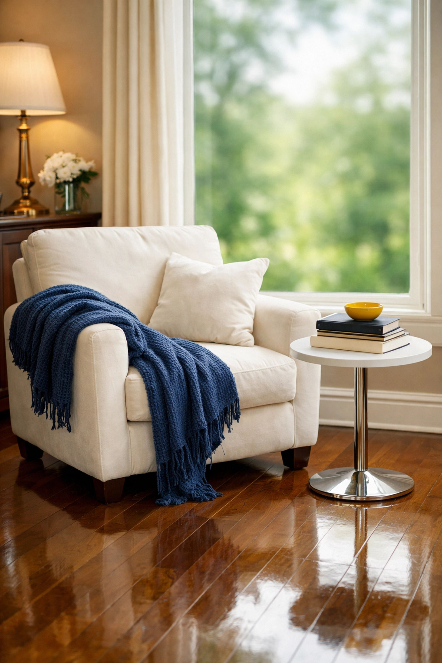 Immaculate reading nook in a Leominster home with buffed hardwood floors and professional organization.