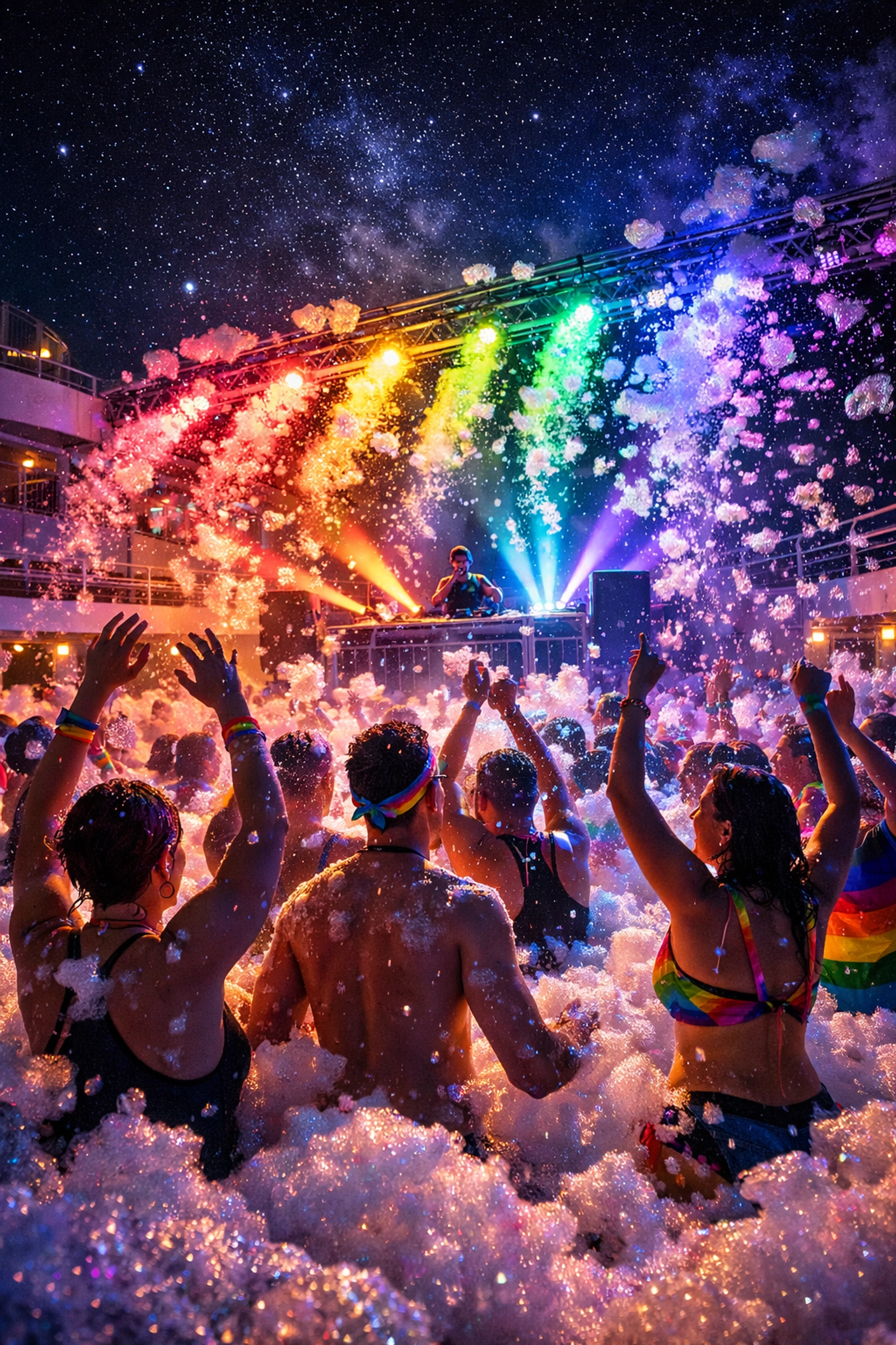 LGBTQ+ foam party on gay cruise ship with rainbow lights and dancing crowd celebrating