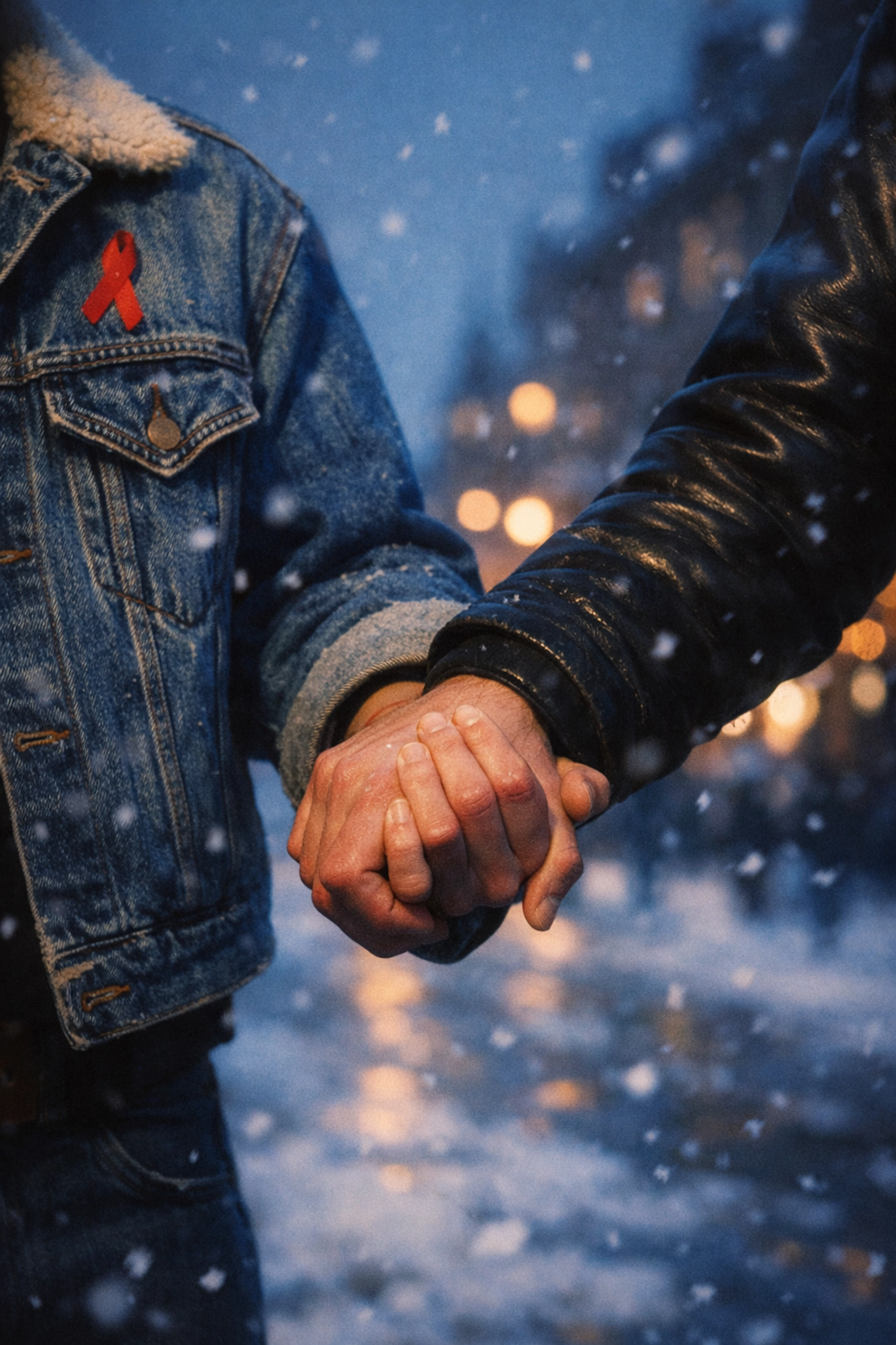 Two men hold hands on a 1980s Stockholm street, showing LGBTQ solidarity and community activism during the AIDS crisis.