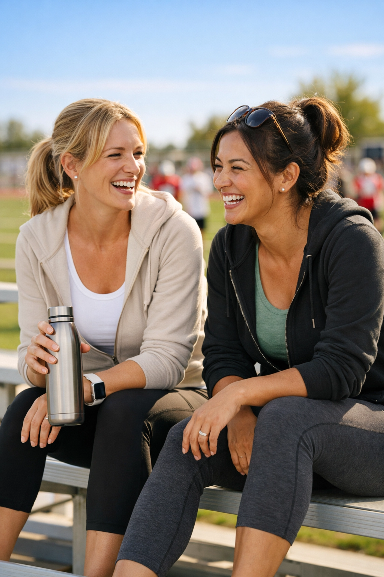 Supportive sports moms connecting on the bleachers during a community wellness event.