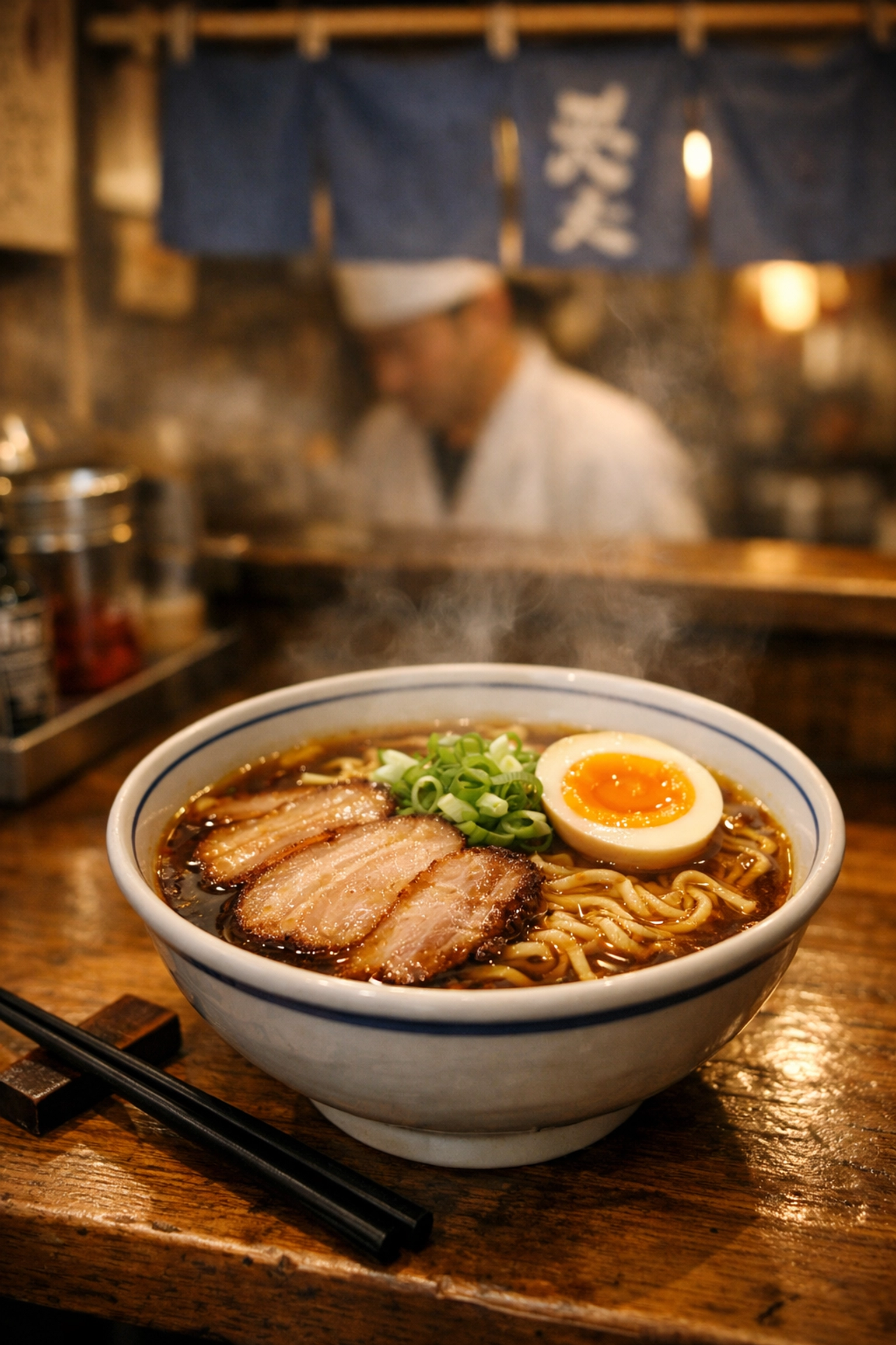 Steaming bowl of shoyu ramen in Asakusa, Tokyo ramen crawl stop with chashu and egg