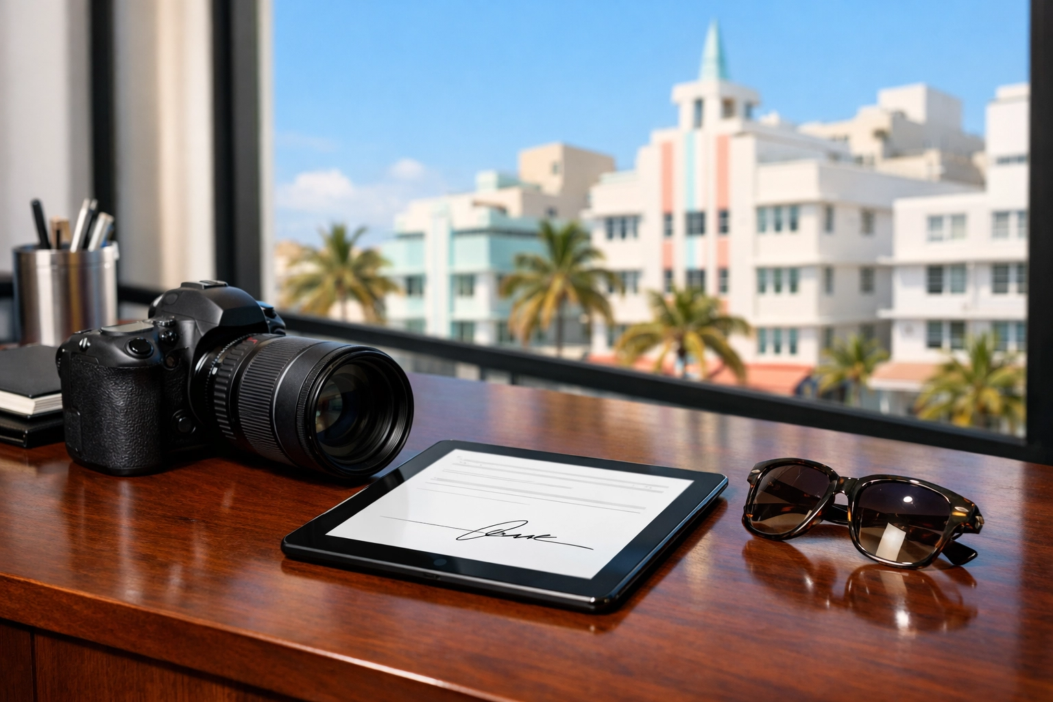 Photography equipment and a signed service contract in a modern Miami beach office setting.