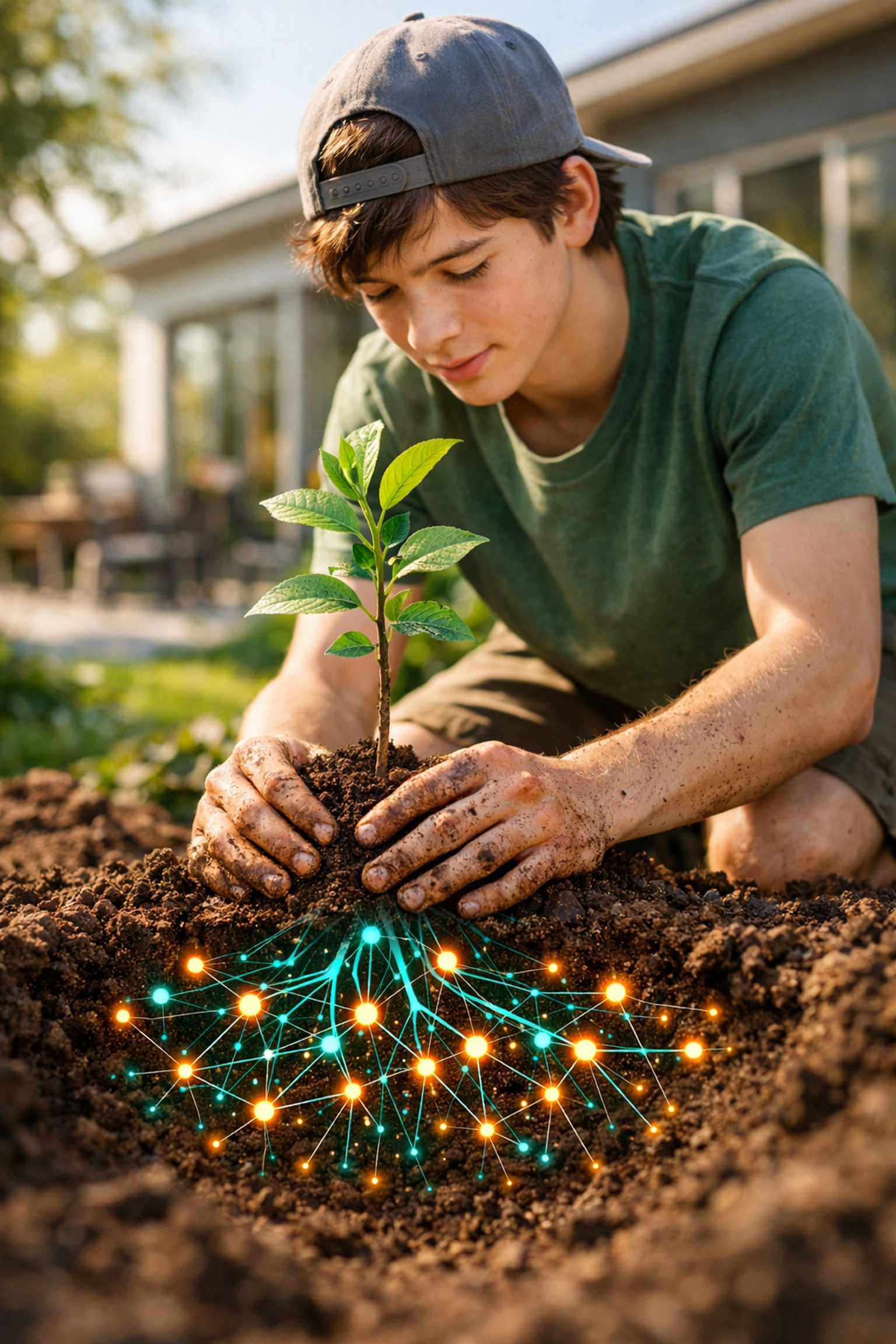 Teen boy planting a tree with digital root symbols, showing how online actions affect their future.