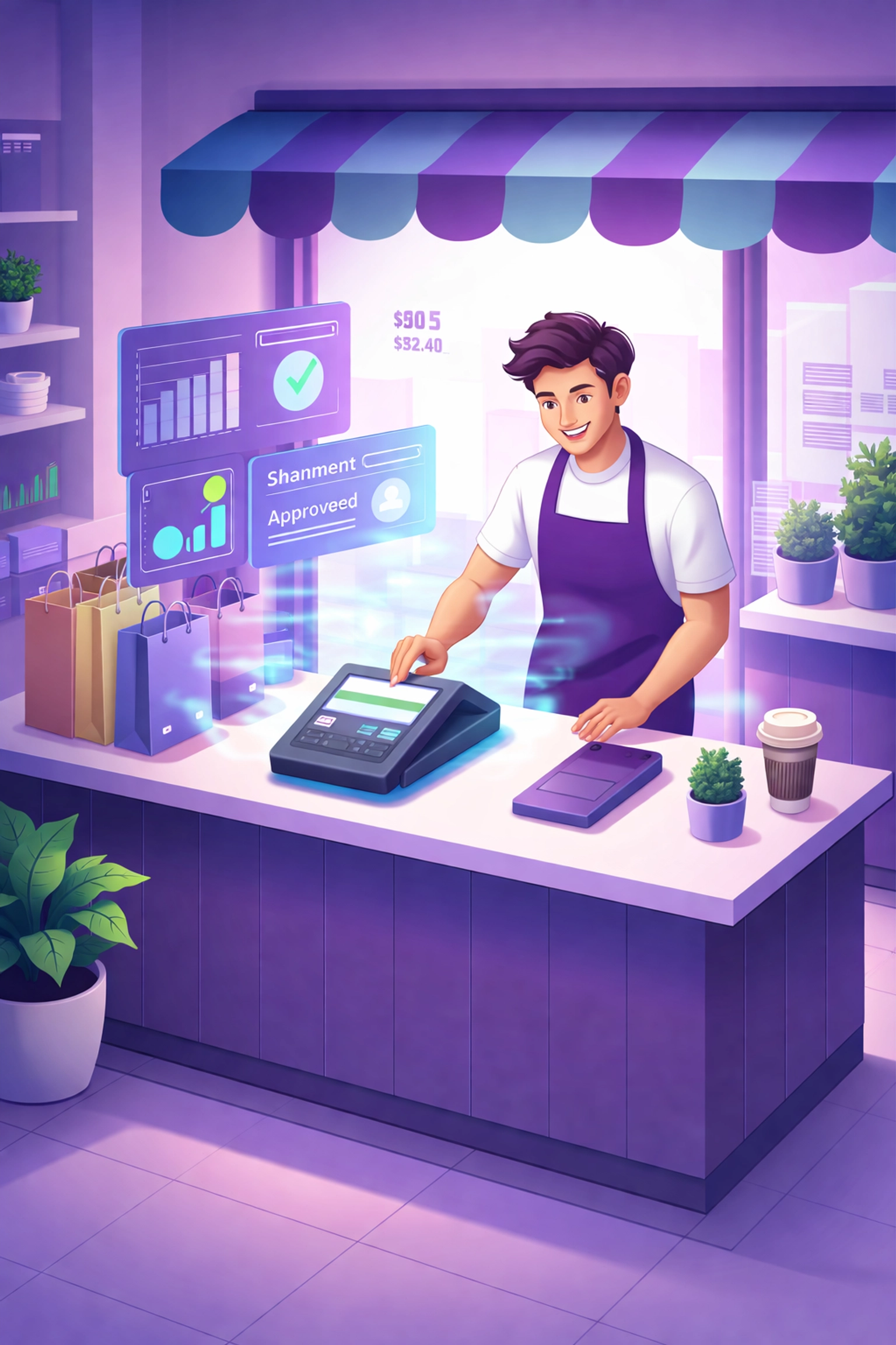 A merchant completes a sale at a smart POS terminal in a modern shop, showcasing crypto payment analytics and seamless dashboard integration.