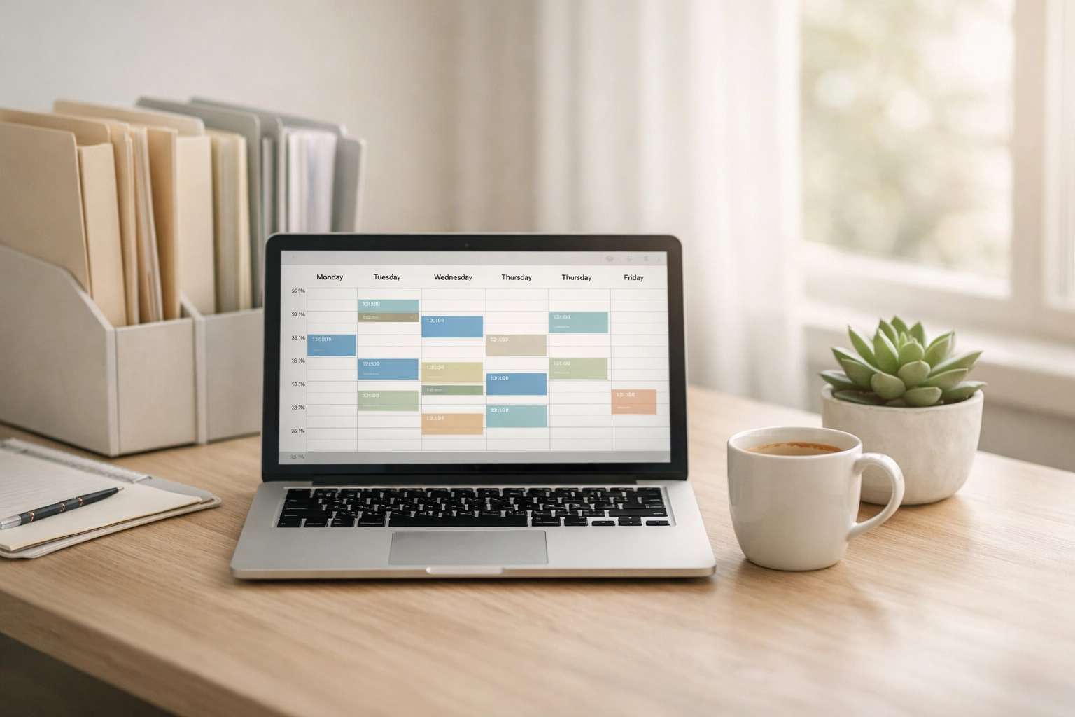 Organized healthcare office workspace with scheduling system for behavioral health compliance tracking